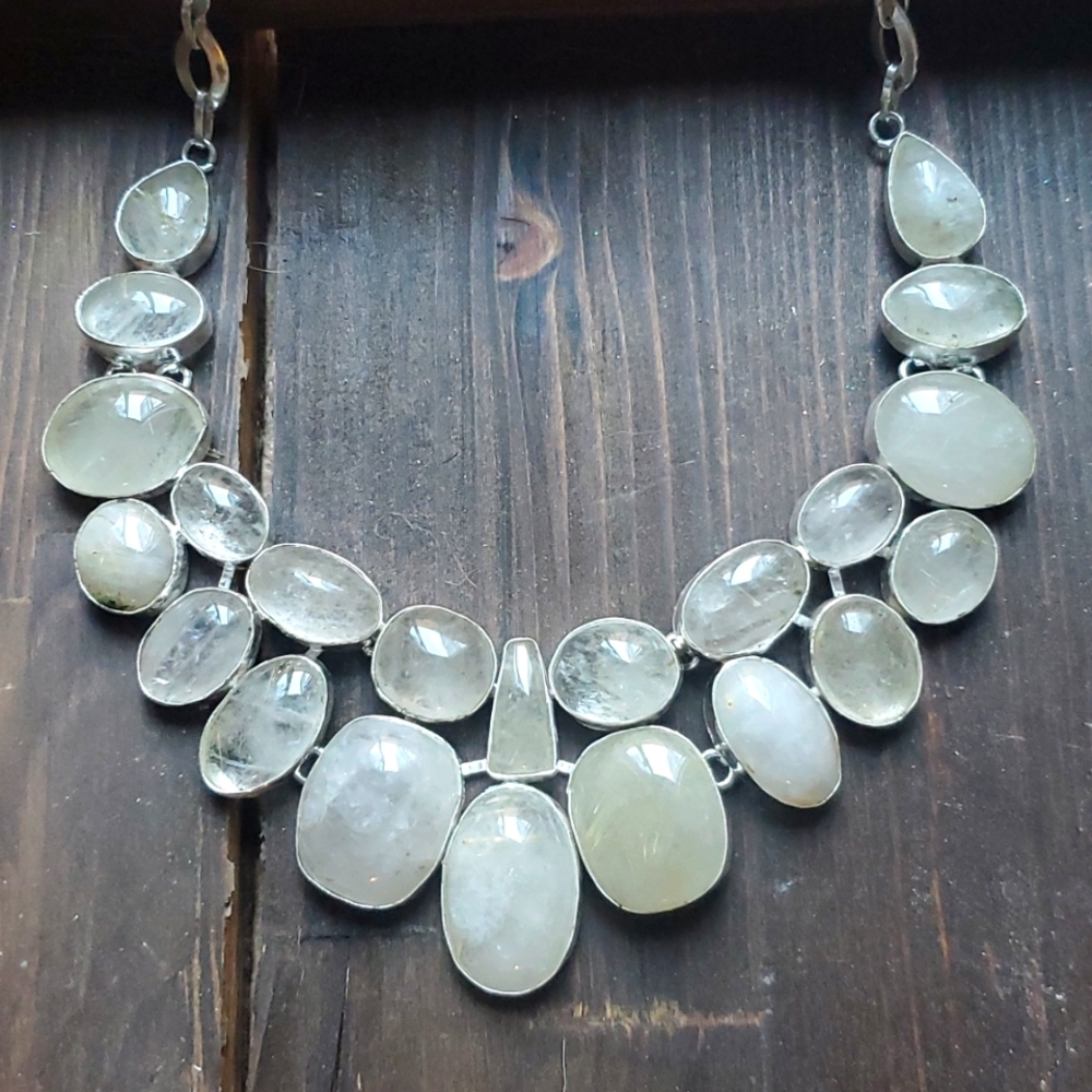 New Oversized Golden Rutile 925 Silver Statement Necklace.